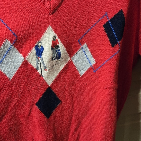 Clan Royal Lambs Wool Preppy Embroidered Golf Design V-Neck Sweater - Picture 7 of 13